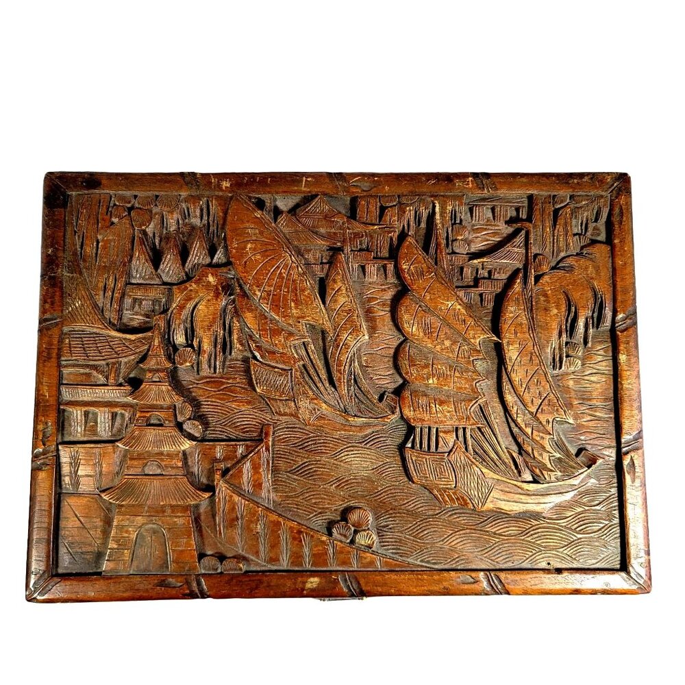 Antique Chinese Hand-Carved Wooden Box Chest Brass Hardware Boats Temples